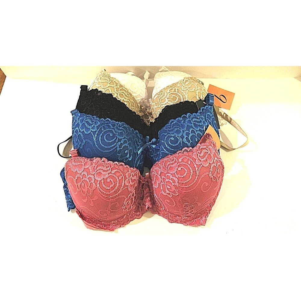 WOMENS 5 PACK DEMI CUP LACEY PADDED TWO CLASP CLOSURE WITH 3 ADJUST. SIZE 34 C